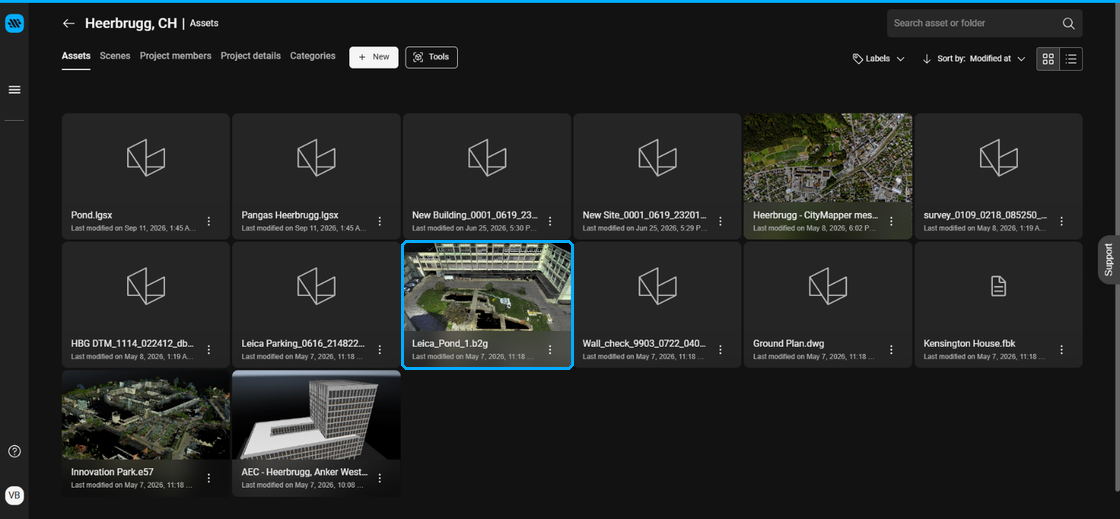 Project assets in tile view with a point cloud asset highlighted