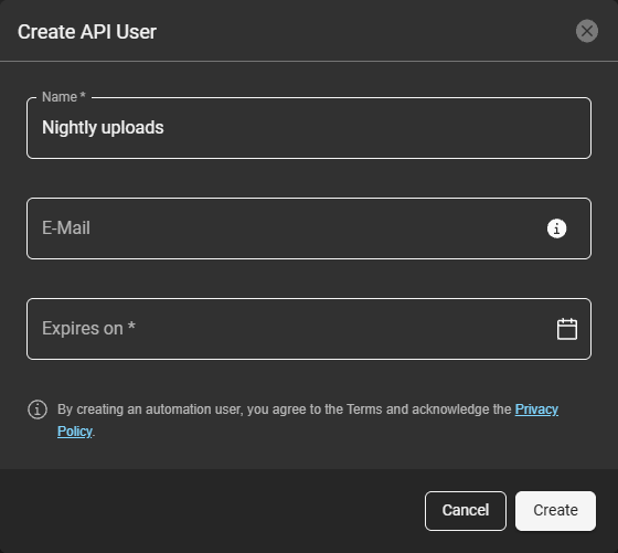 Create API User dialog with the Name, E-Mail and Expires on fields, and the Cancel and Create buttons