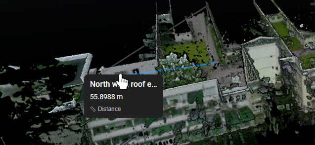 Hand pointer over a distance measurement on a point cloud, with the measurement card showing its name and 55.8988 m