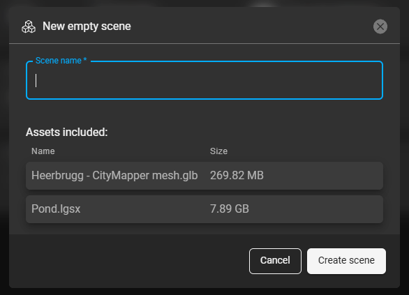 New empty scene dialog with the Scene name field already focused and two assets listed under Assets included