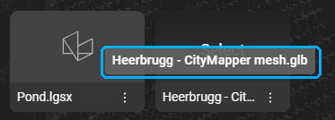 Scene drawer with a cut-off asset name and a tooltip showing the full name Heerbrugg - CityMapper mesh.glb