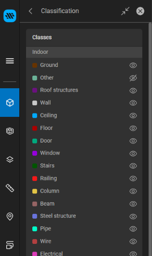 Classification panel listing the Indoor classes with an eye icon next to each class, Other hidden