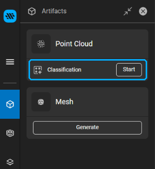 Artifacts panel with the Classification Start command on the Point Cloud card highlighted