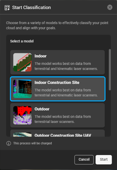 Start Classification dialog with the Indoor Construction Site model selected