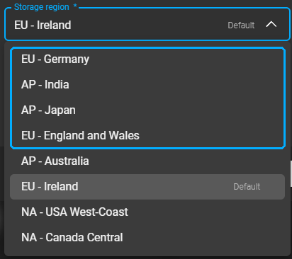 Create Project dialog with the Storage region list open, showing EU - Germany, AP - India, AP - Japan and EU - England and Wales