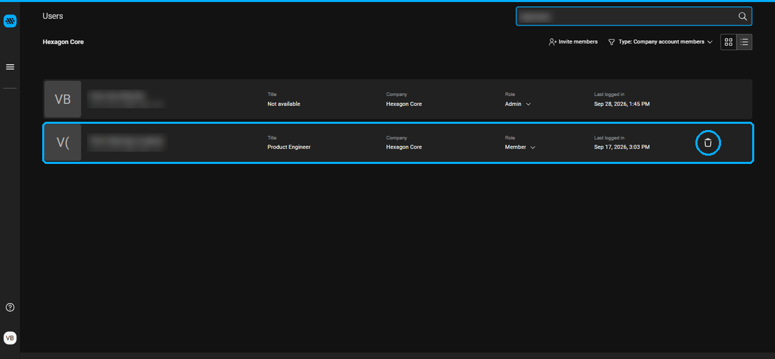 Users list with the legacy user row and its delete icon highlighted