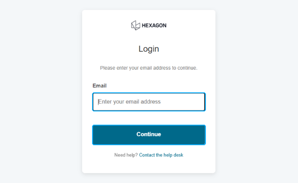 Hexagon Login page with the Email field and Continue button highlighted