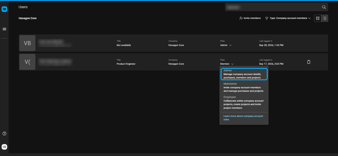 Role dropdown on a user row with the Admin role highlighted