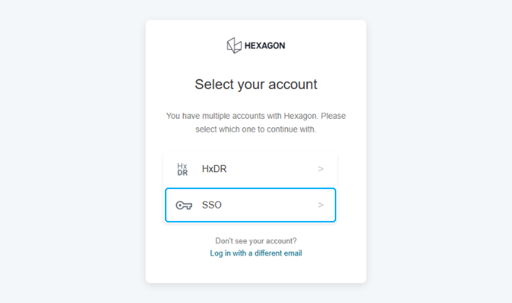 Select your account page with the SSO option highlighted