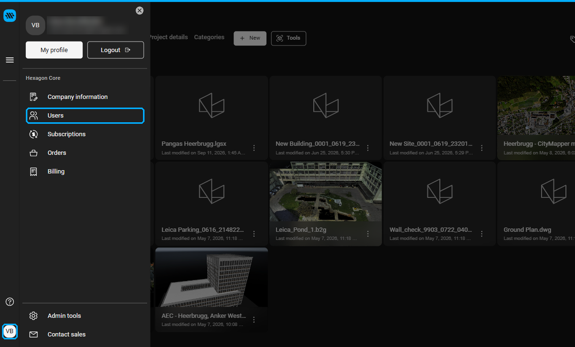 User menu opened from the initials icon with Users highlighted