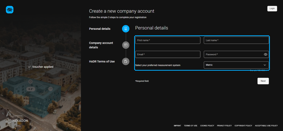 Create a new company account page, Personal details step, with Voucher applied shown on the left