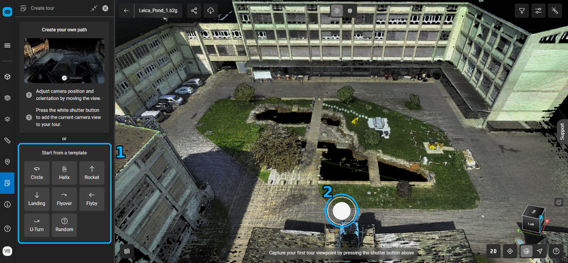 Create tour options: start from a template or create your own path with the shutter button