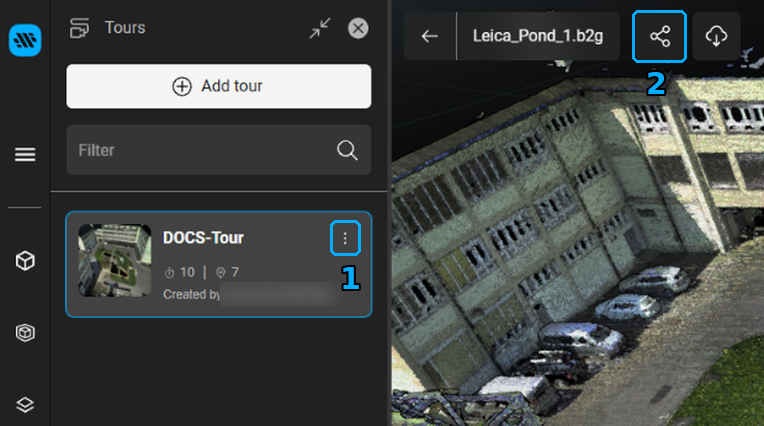 Tour menu button on the tour card and the asset share button