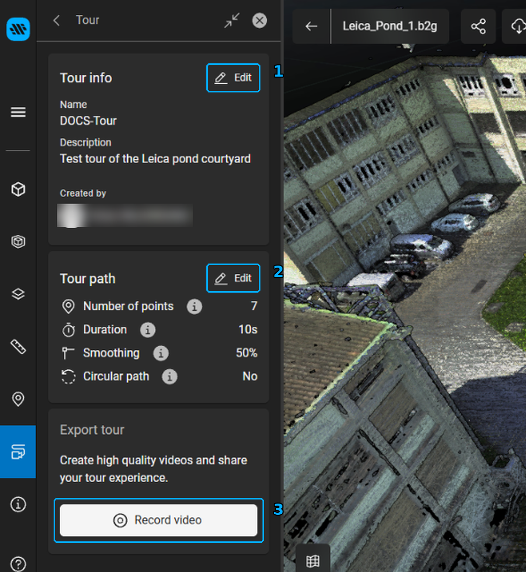 Edit buttons for Tour info and Tour path, and the Record video button