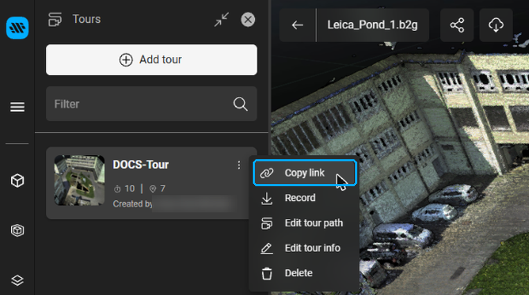 Tour menu with Copy link, Record, Edit tour path, Edit tour info and Delete