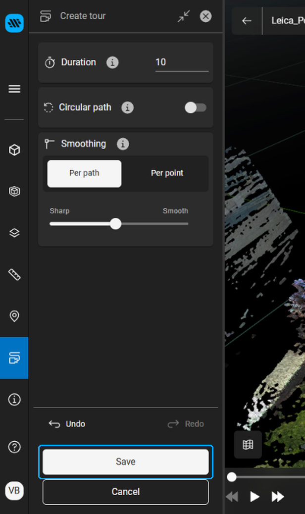 Save button in the Create tour panel