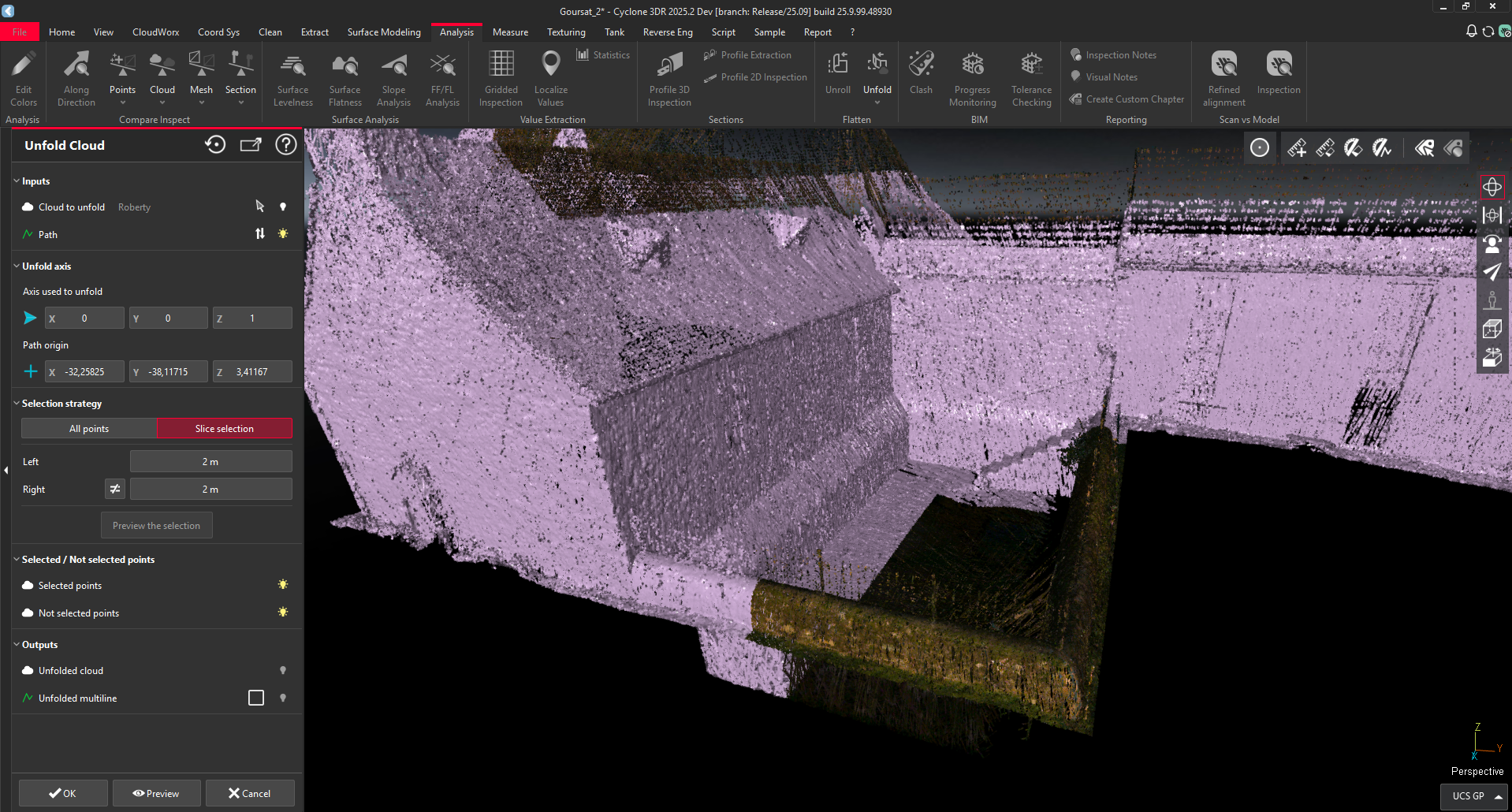3D model analysis interface showing unfolded cloud and selection options for inspection.