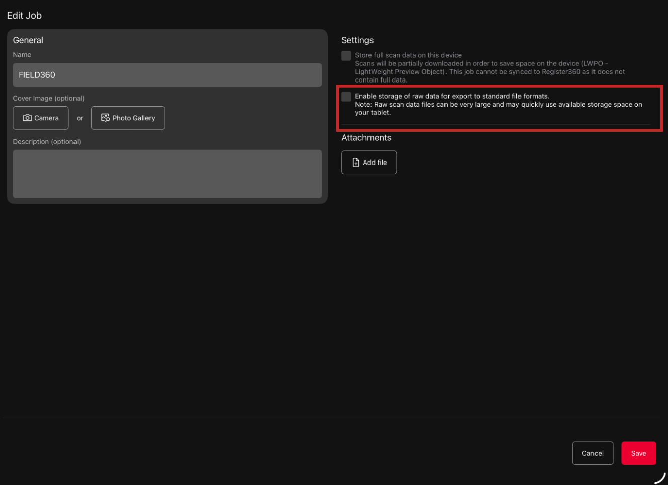 Edit Job screen showing the 'Enable storage of raw data for export to standard file formats' checkbox highlighted in the Settings panel