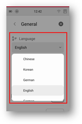 Leica RTC series language selection in General settings.