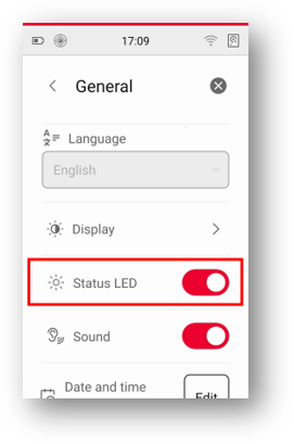 Leica RTC series status of the LED switch in General settings.