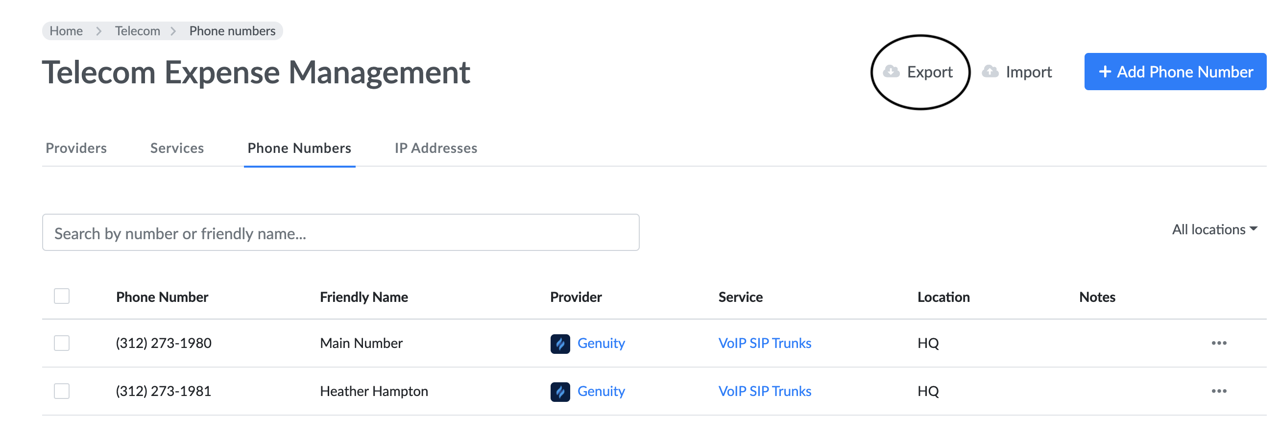Exporting phone numbers