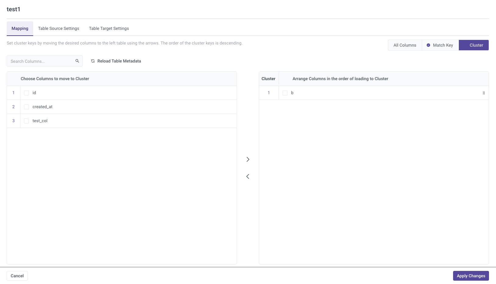 Cluster Key Settings