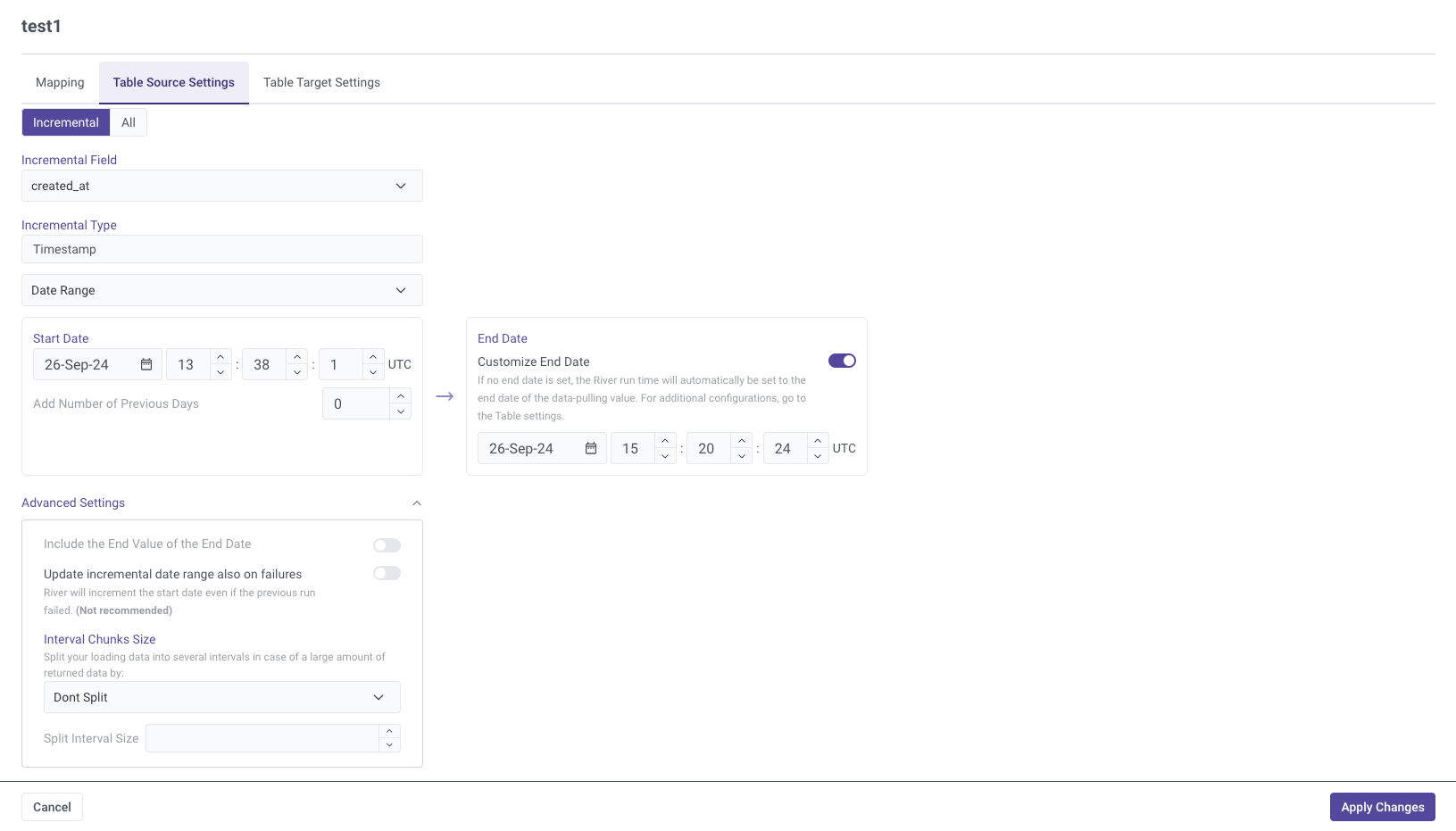 Table Source Settings