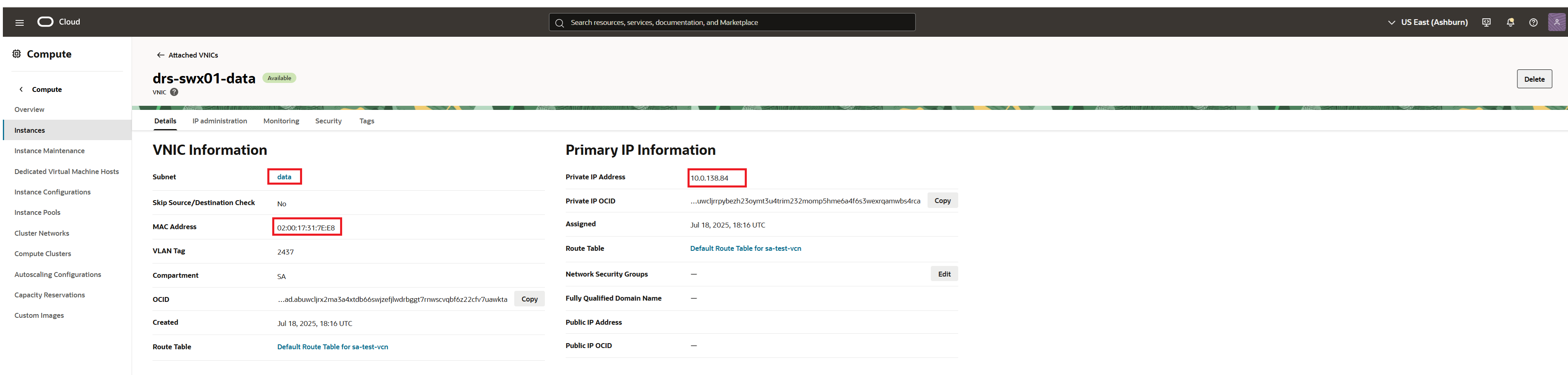 OCI -Data Private IP