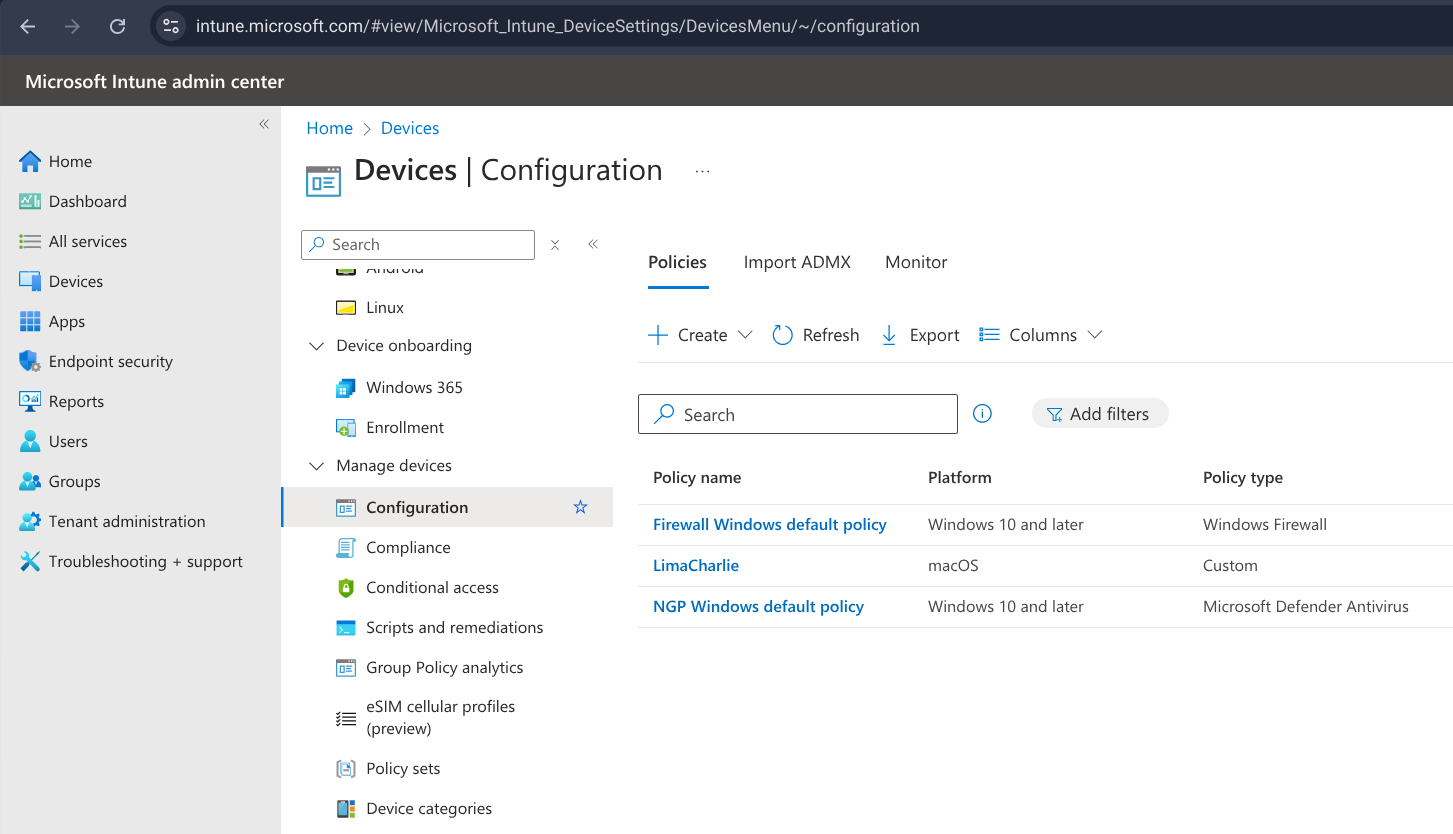 Screenshot of MS Intune -> Devices | Configuration