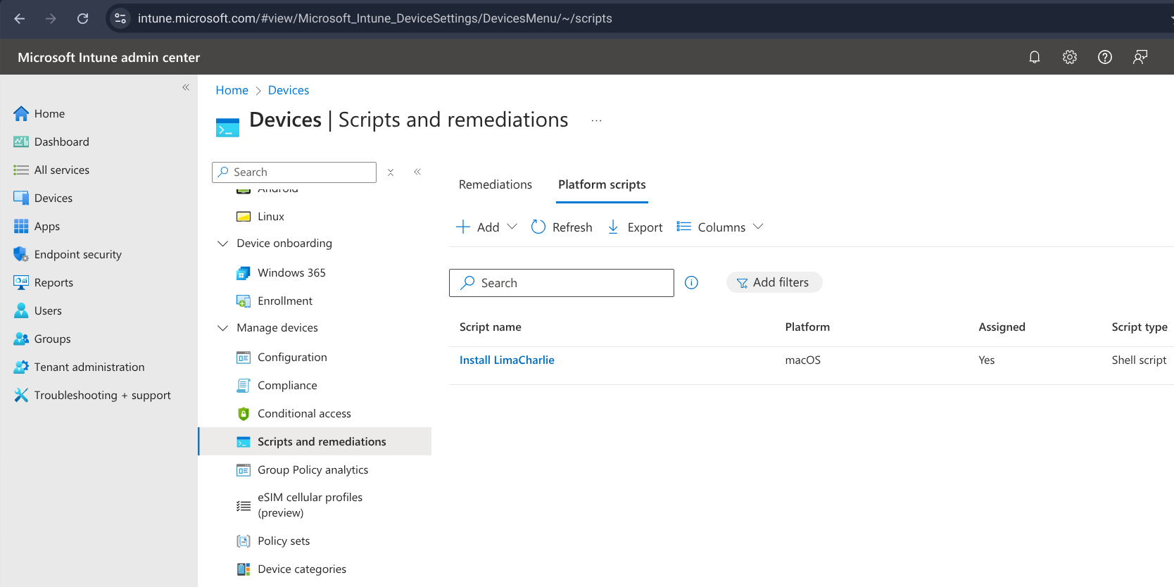 Screenshot of MS Intune -> Devices | Scripts