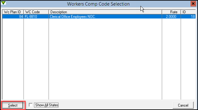 {Workers Comp Code Selection Window }