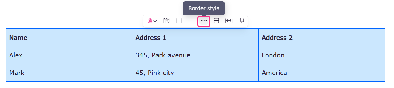 Image showing option to set the border style for a table