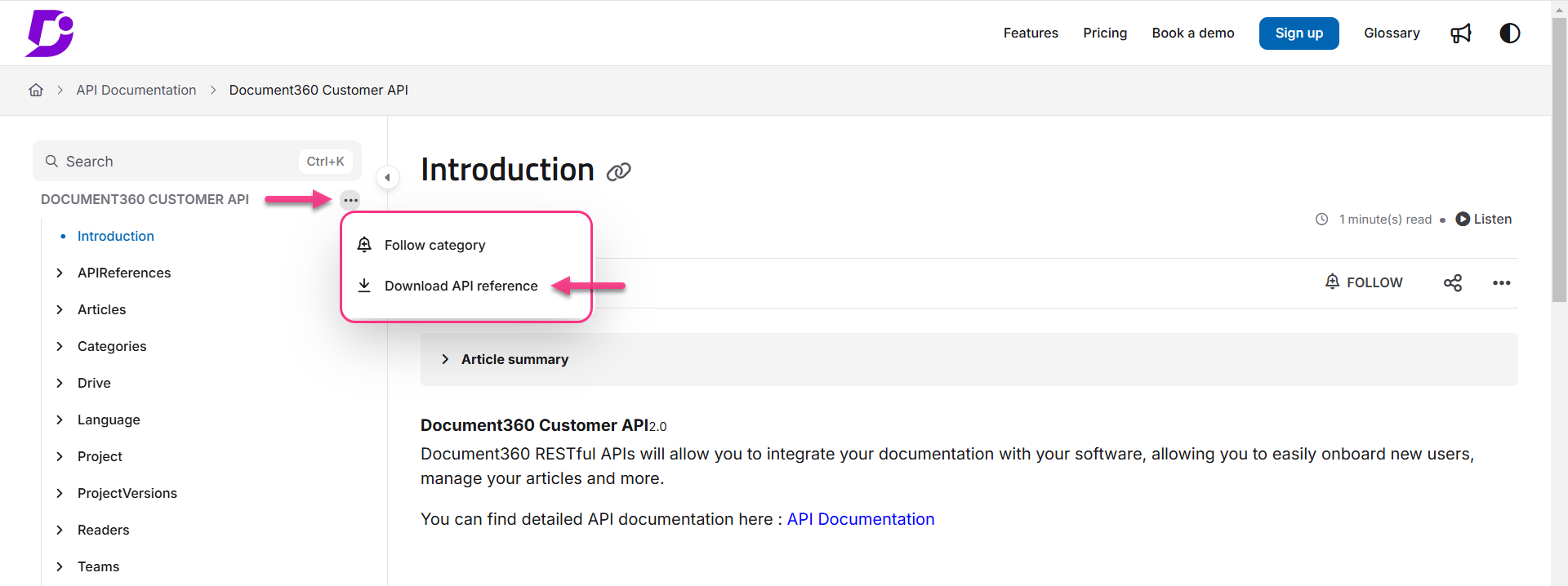 Image showing option to download API reference