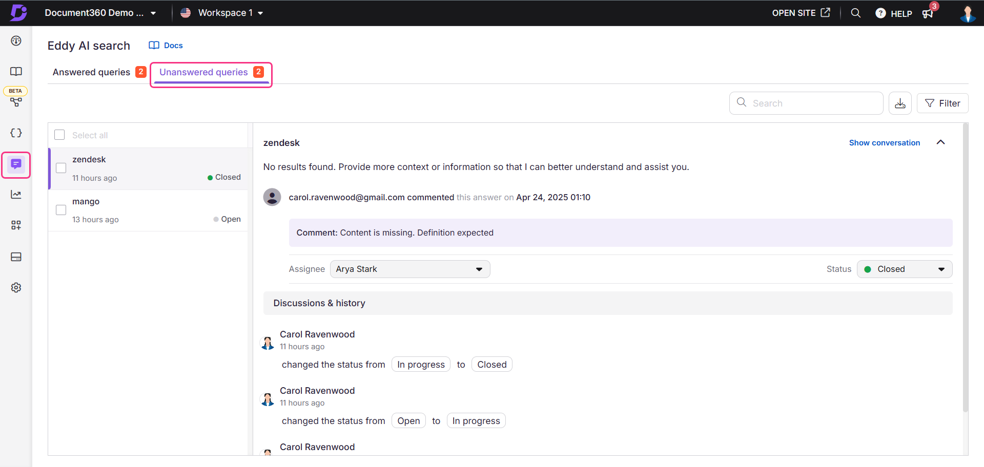 Unanswered queries overview page