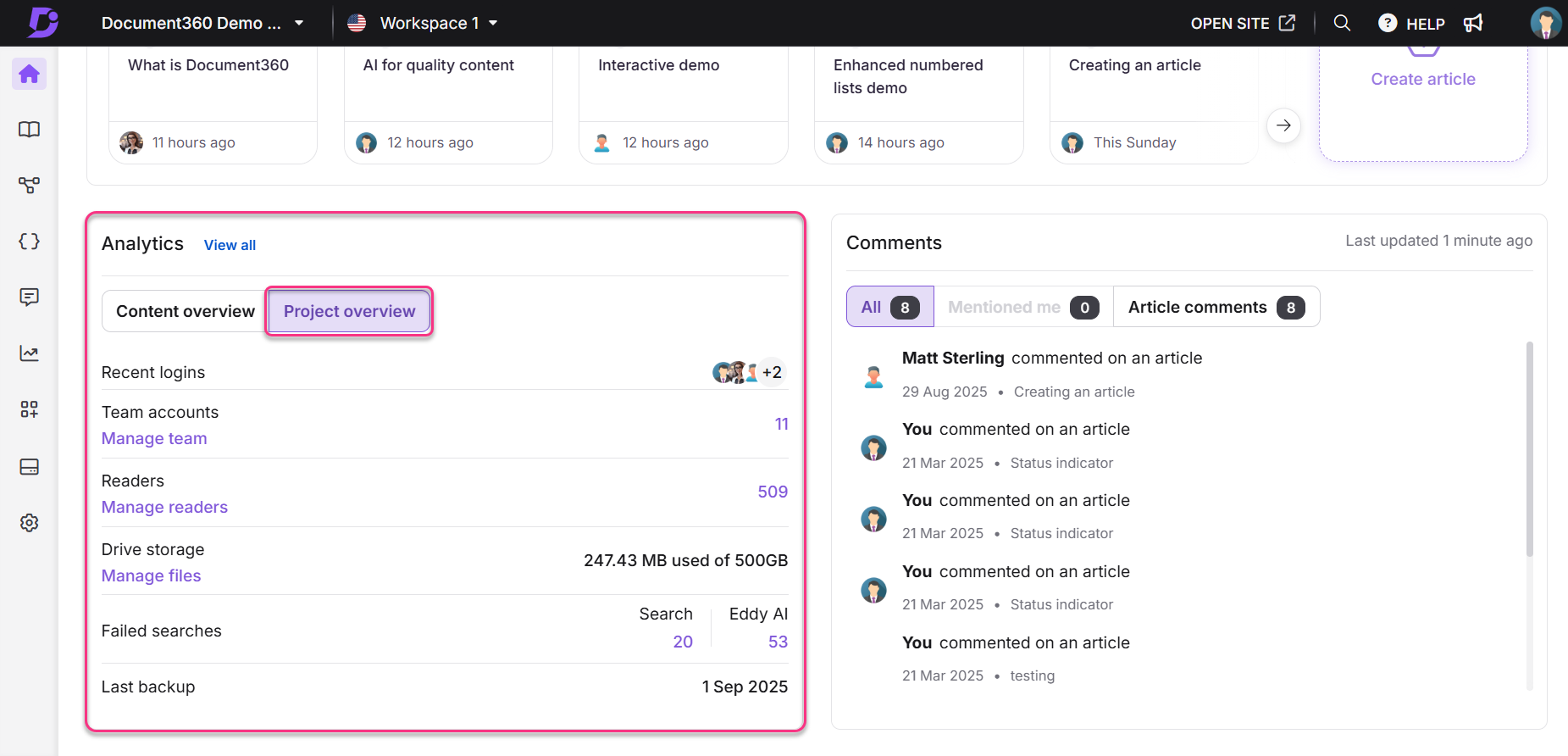 Overview of project analytics including recent logins and team accounts information.