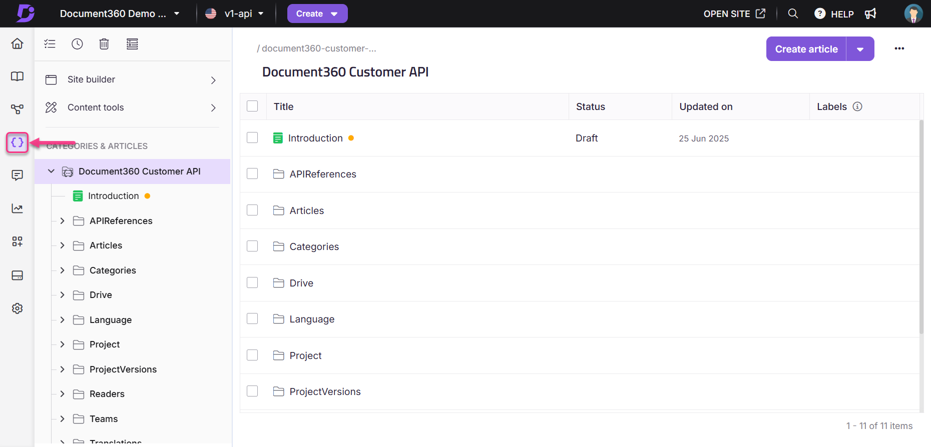 Document360 interface showing categories and articles for Customer API documentation.