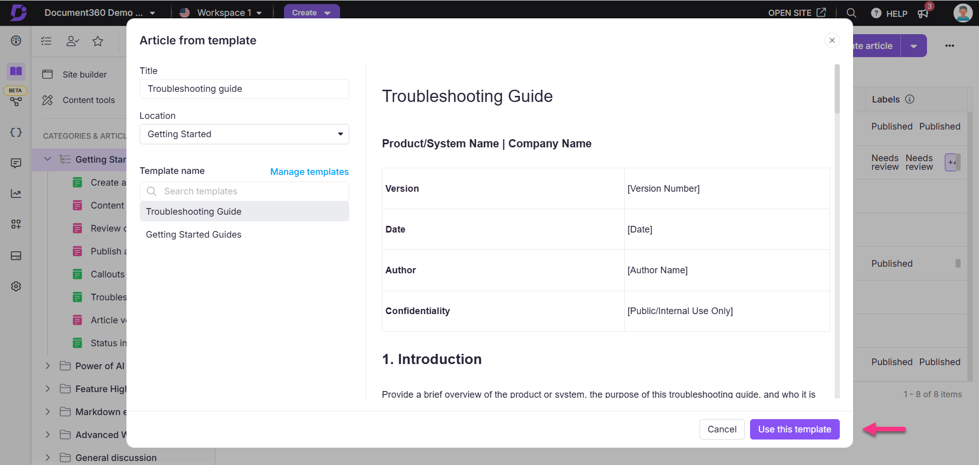 Template selection for a troubleshooting guide with various fields and options displayed.