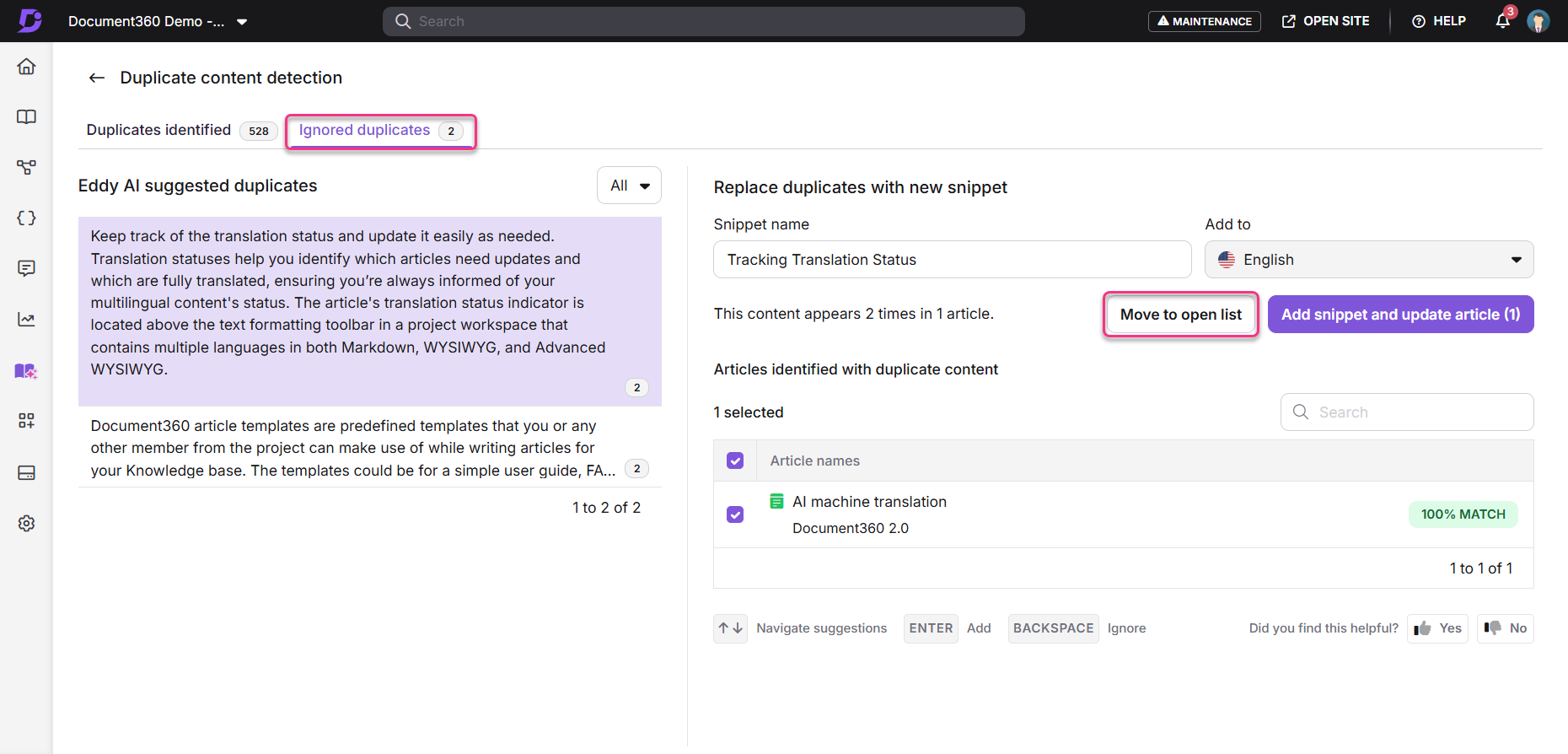 Document360 interface showing duplicate content detection and translation status options.