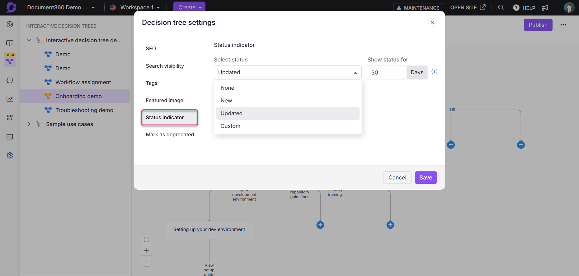 Settings for decision tree with options for status indicators and visibility settings.