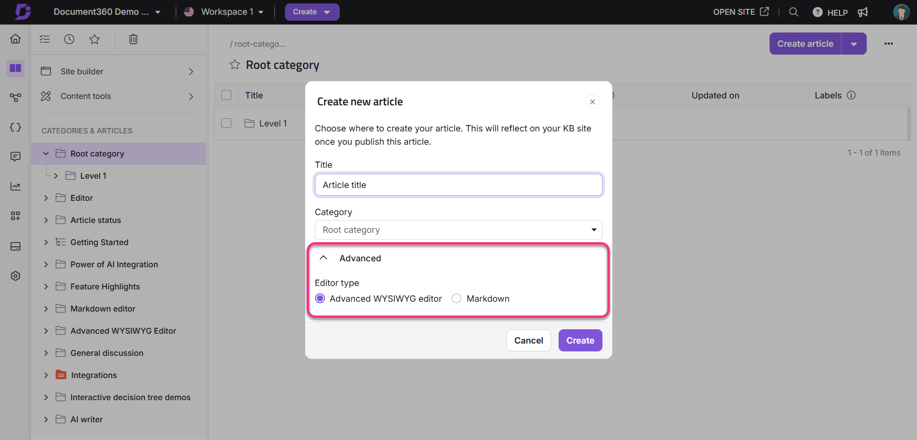 Creating a new article in Document360 with editor type options displayed.