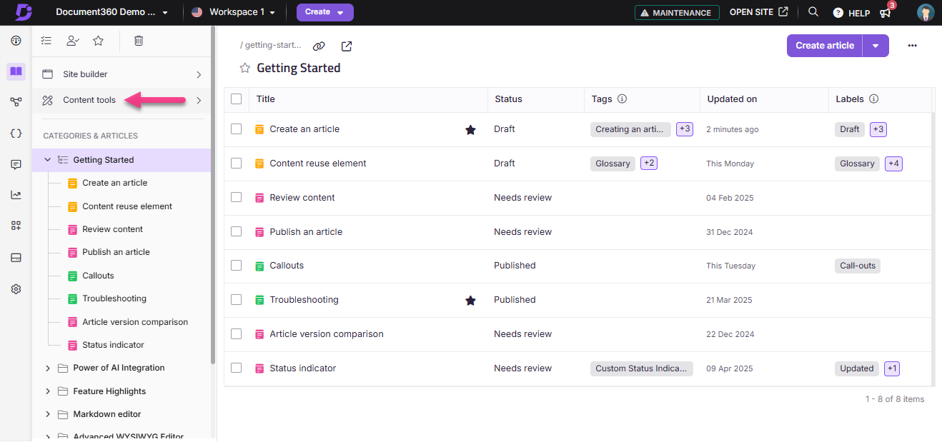 Overview of content tools and article statuses in the Document360 interface.