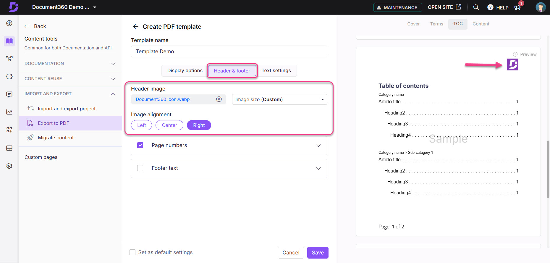 Creating a PDF template with header image and alignment options in Document360.