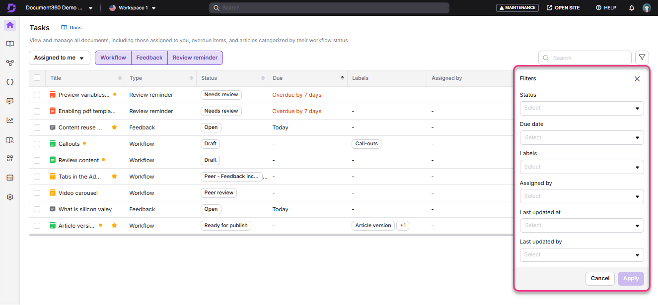 Task management interface displaying various document statuses and filter options for organization.
