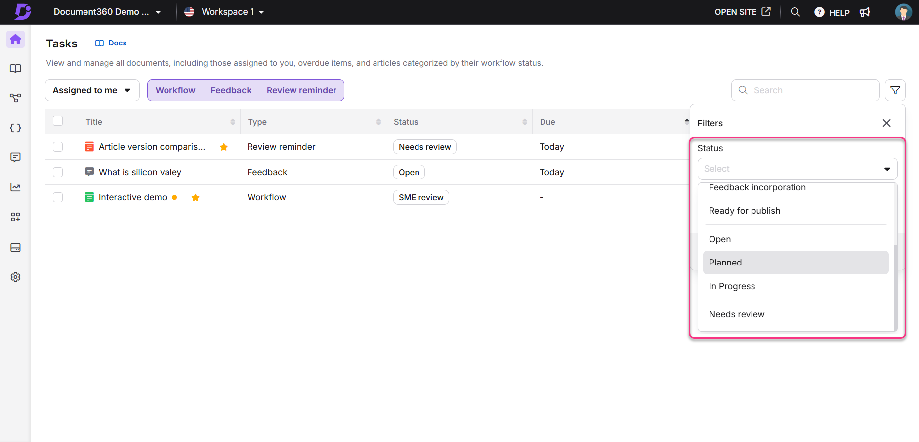 Task management interface displaying document statuses and filter options for workflow organization.