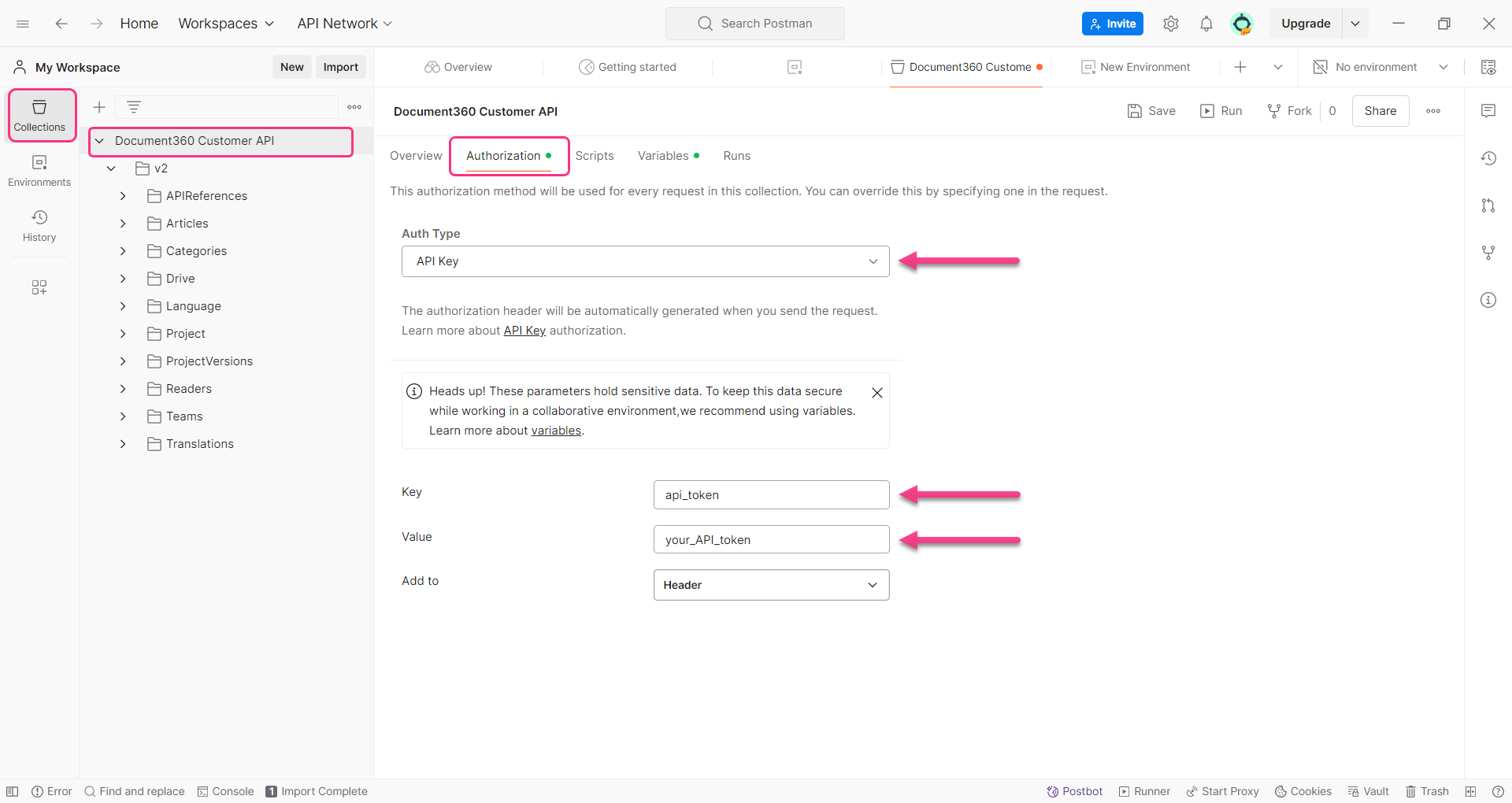 Steps for authorization in Postman after importing Document360 project