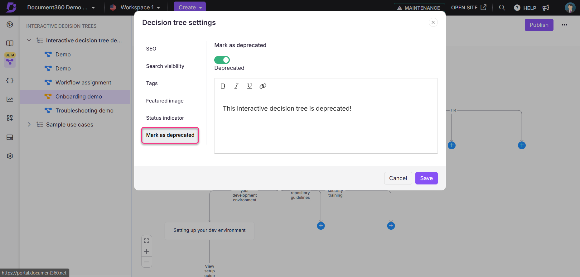 Settings for marking an interactive decision tree as deprecated in Document360.