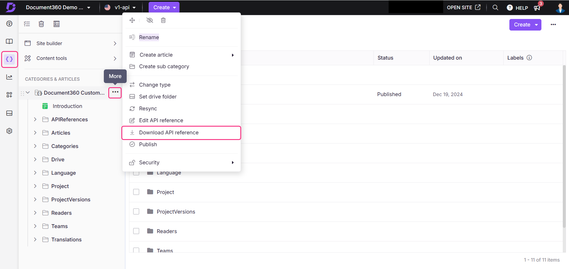 Image showing option to download API reference from the Knowledge base portal