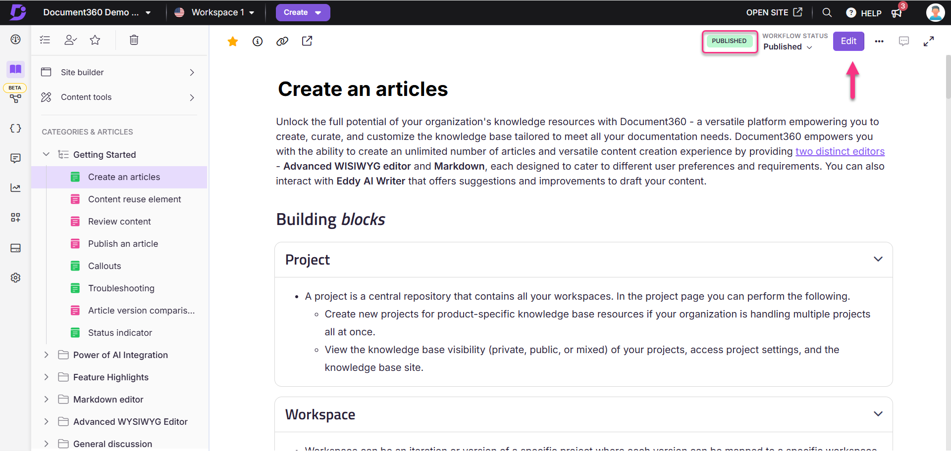 Document360 interface shows how to edit the article from the published state