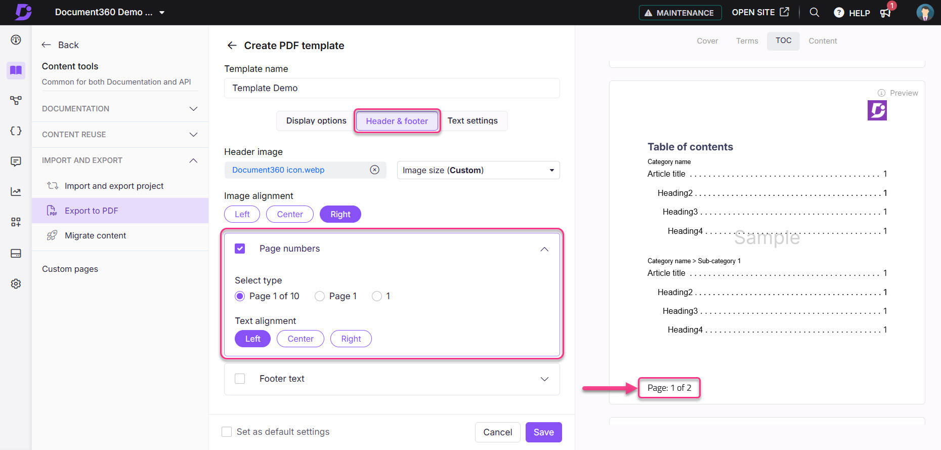 Creating a PDF template with page numbers and header settings in Document360.