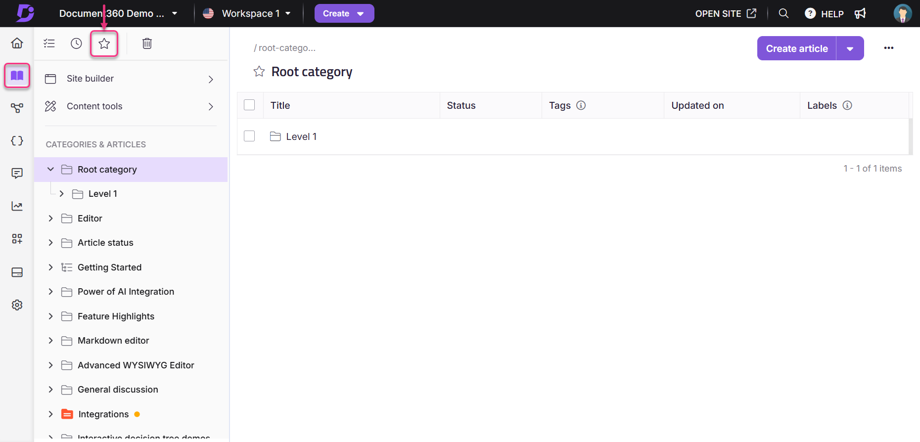 Document 360 interface showing categories, articles, and options for creating content.